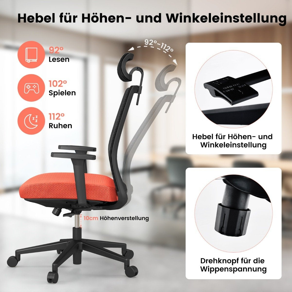 Ergonomic office chair with backrest & lumbar support & comfortable 3D headrest up to 180 kg