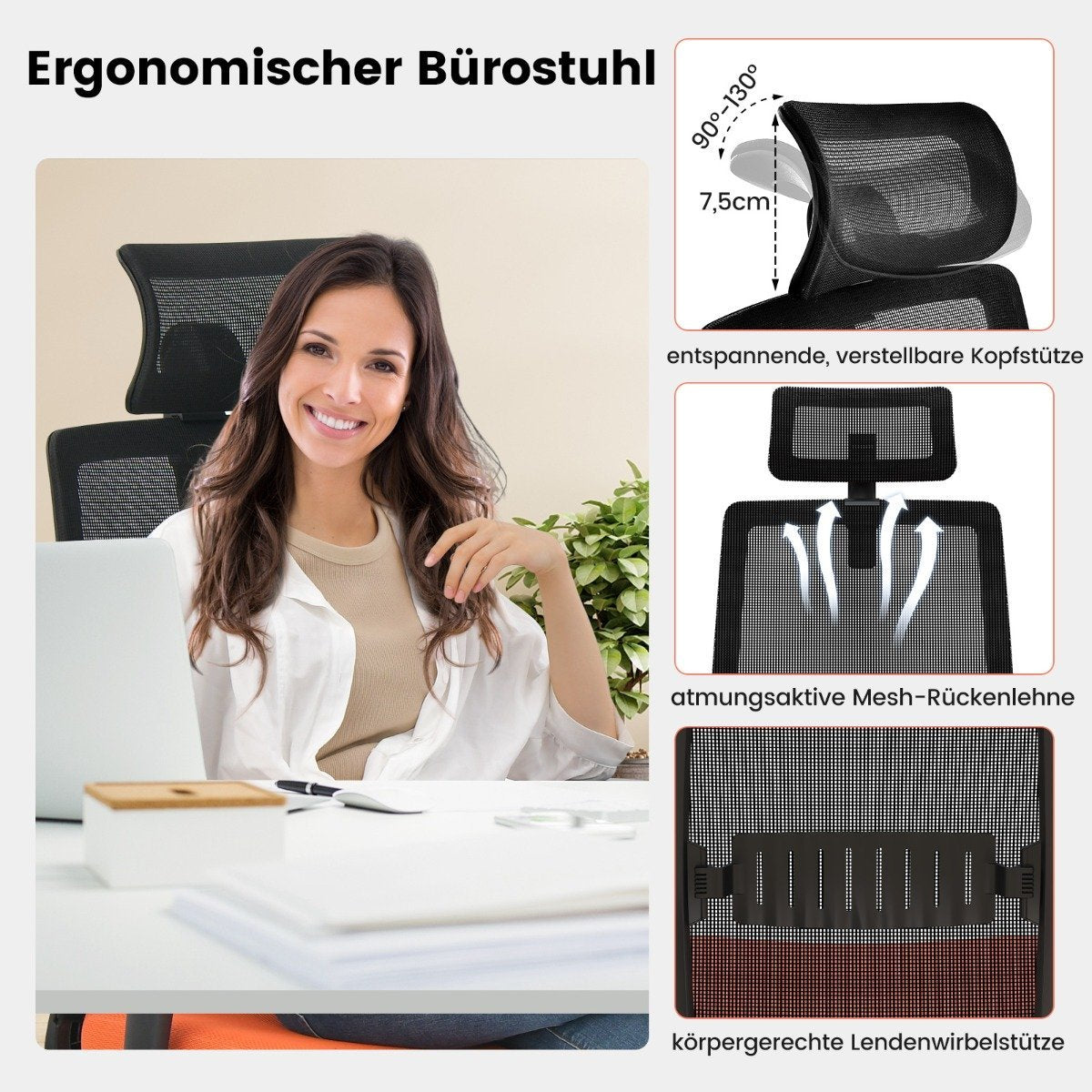 Ergonomic office chair with backrest & lumbar support & comfortable 3D headrest up to 180 kg