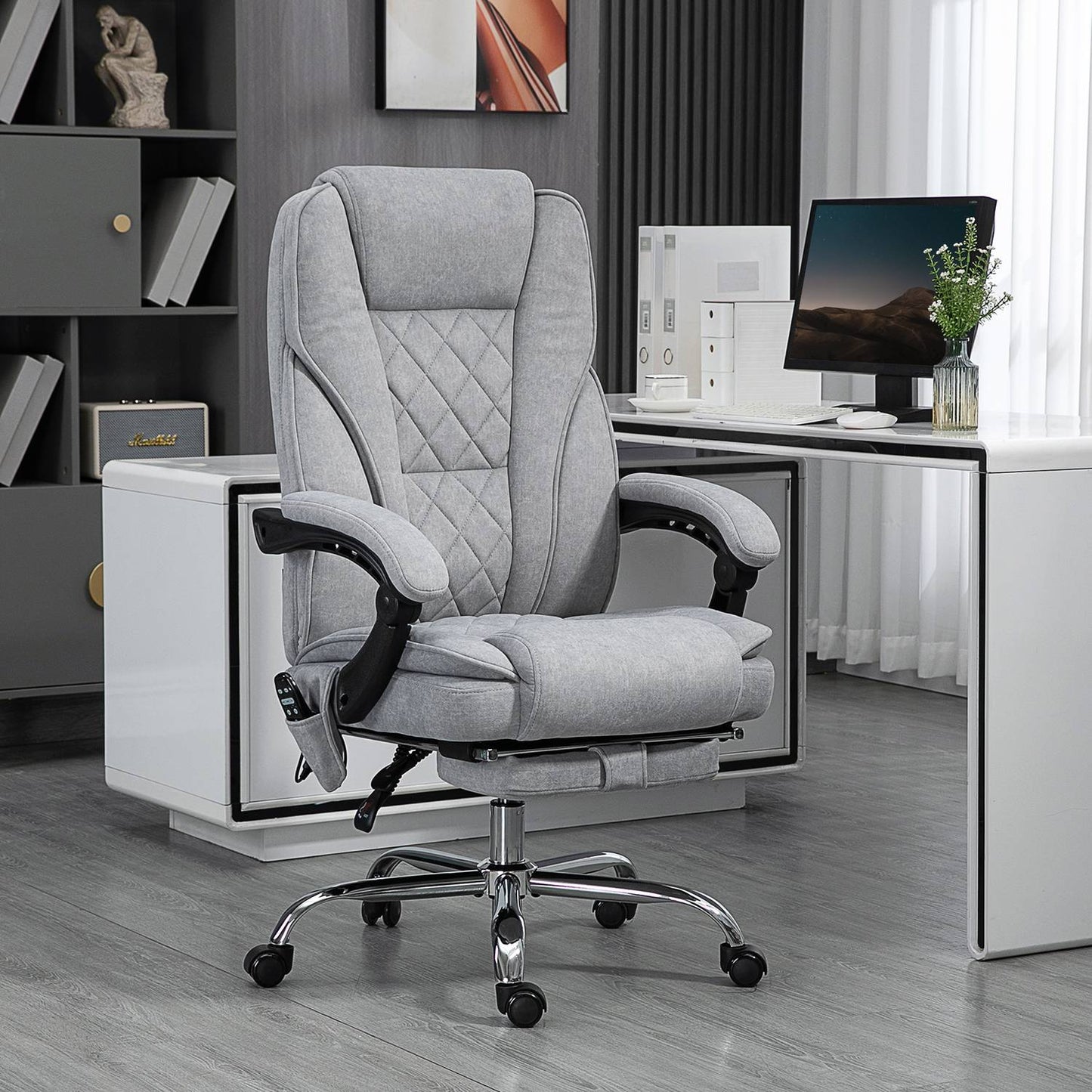 Ergonomic office chair with massage function, footrest, swivel, rollable, grey