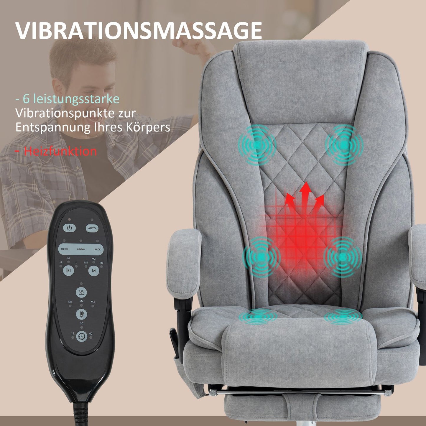 Ergonomic office chair with massage function, footrest, swivel, rollable, grey