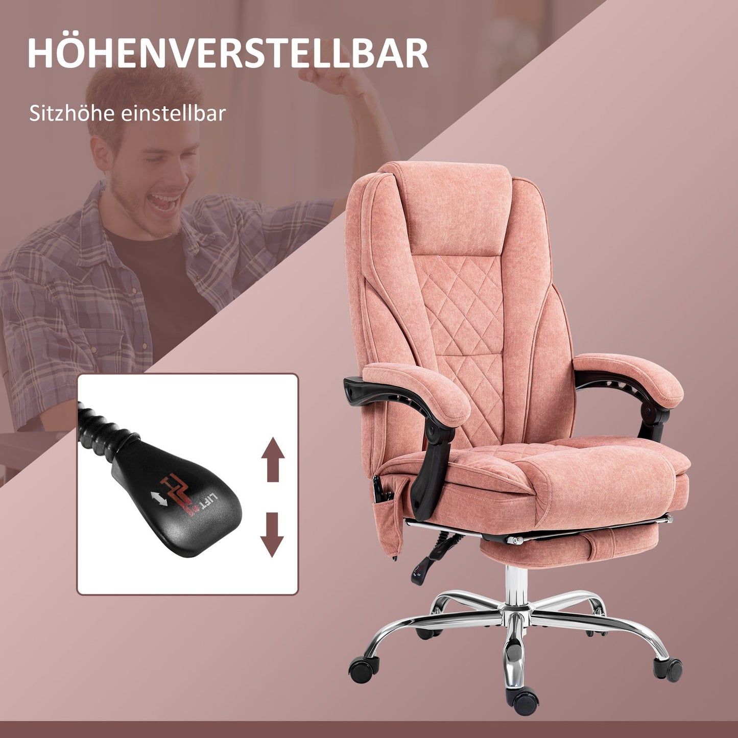 Ergonomic office chair with massage function, footrest, swivel, rollable, pink