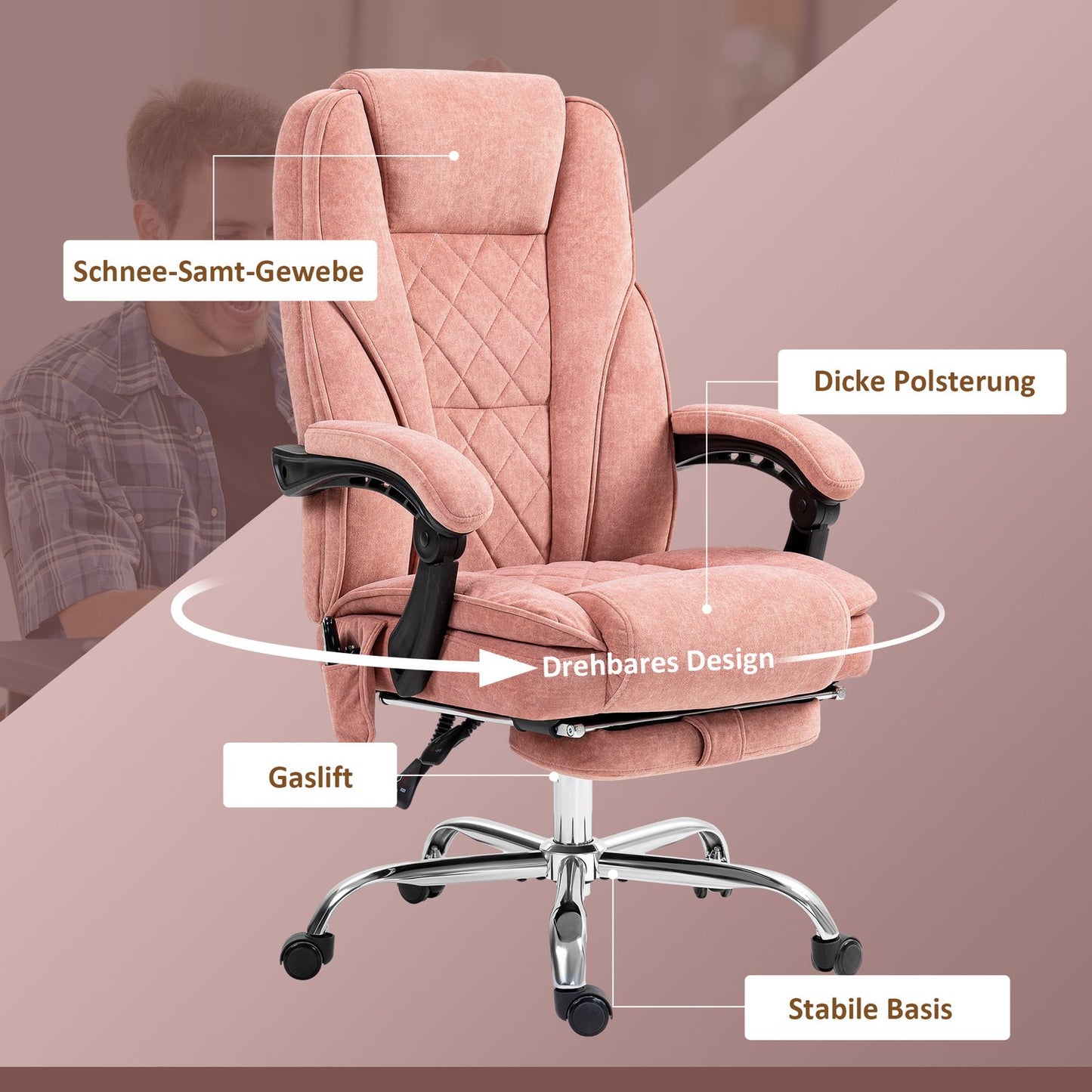 Ergonomic office chair with massage function, footrest, swivel, rollable, pink