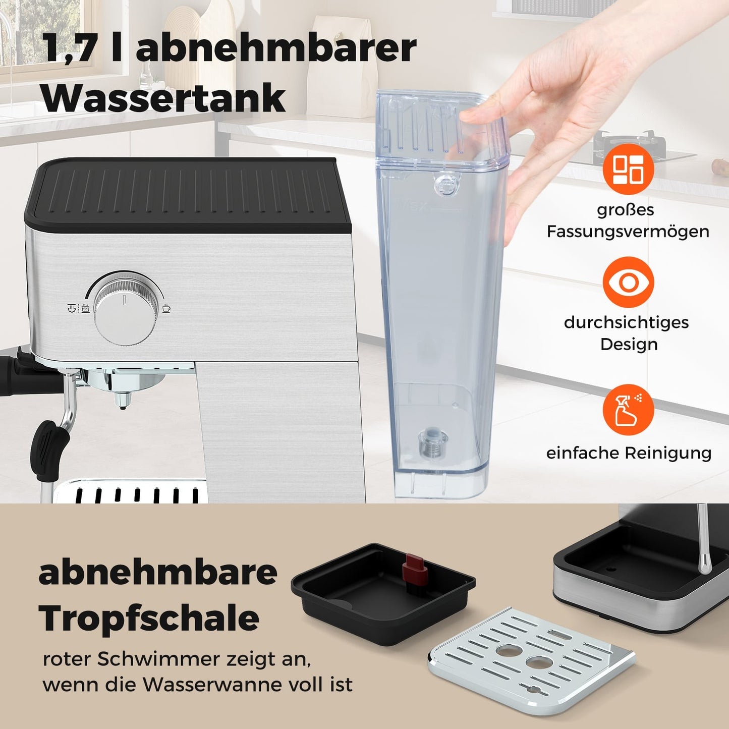 Espressomaschine mit Milchaufschäumer, 20 Bar, Touchscreen, 1.7L