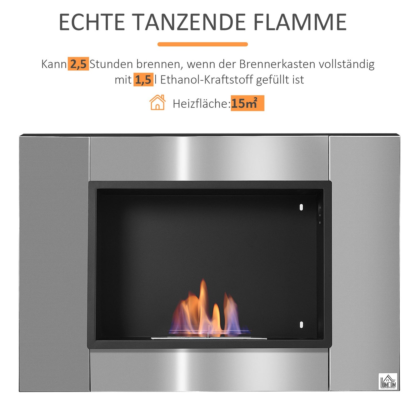 Bio Ethanol Fireplace, 1.5L, Smoke-free, Stainless steel