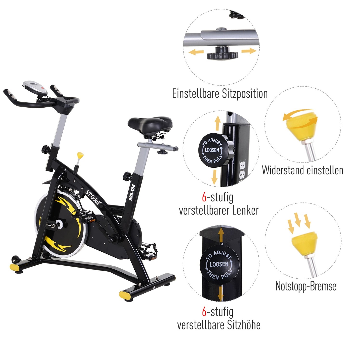 Exercise bike, 10 kg flywheel, adjustable height, black