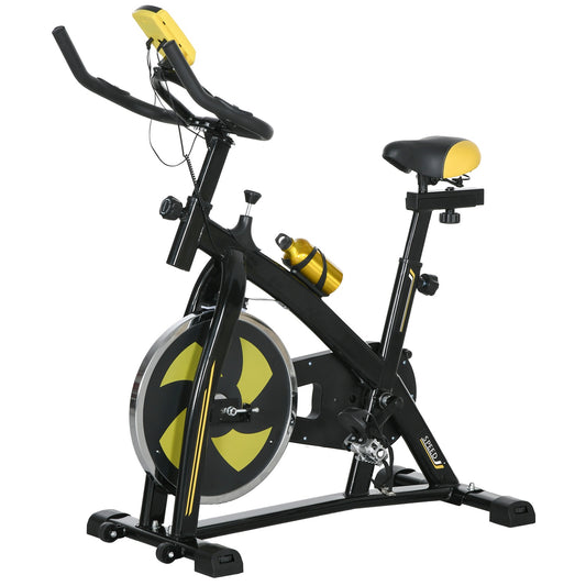 Exercise bike, quiet, adjustable resistance, heart rate sensor, monitor, yellow
