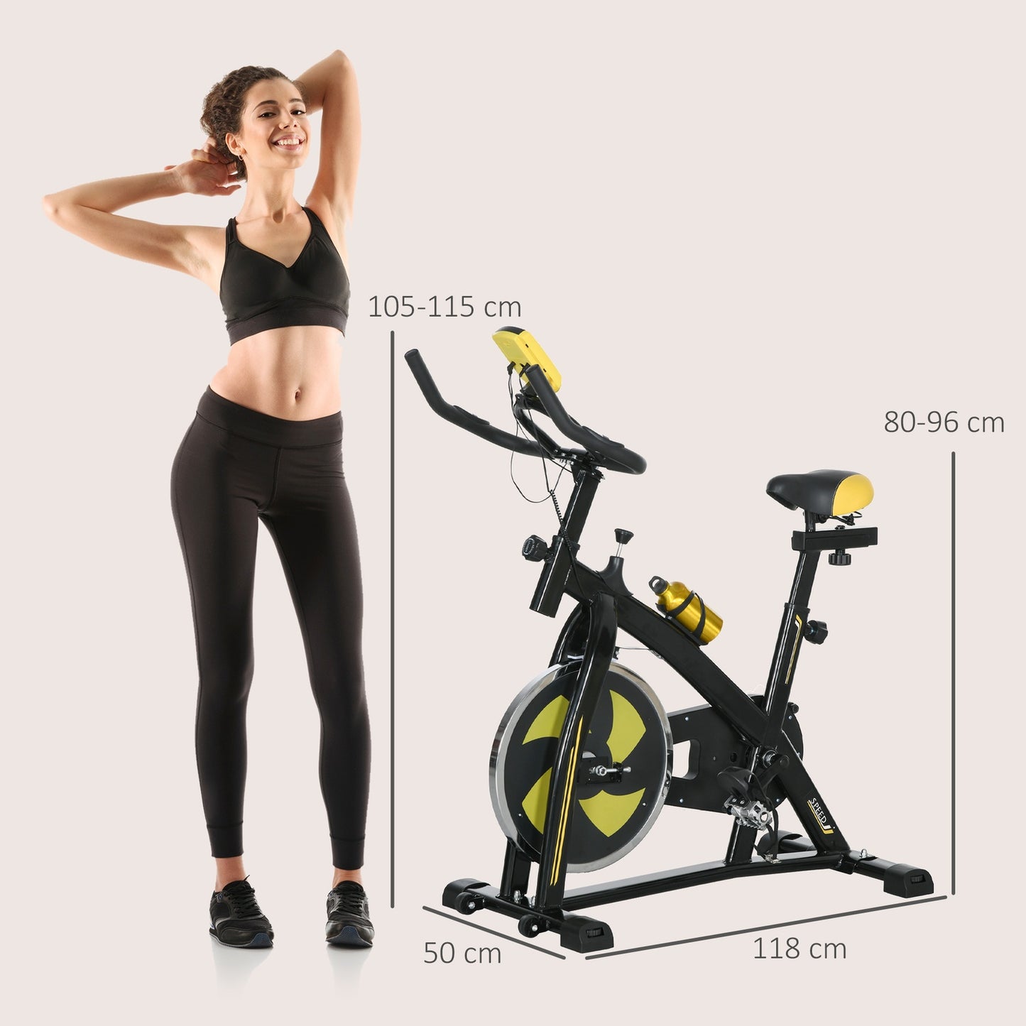 Exercise bike, quiet, adjustable resistance, heart rate sensor, monitor, yellow