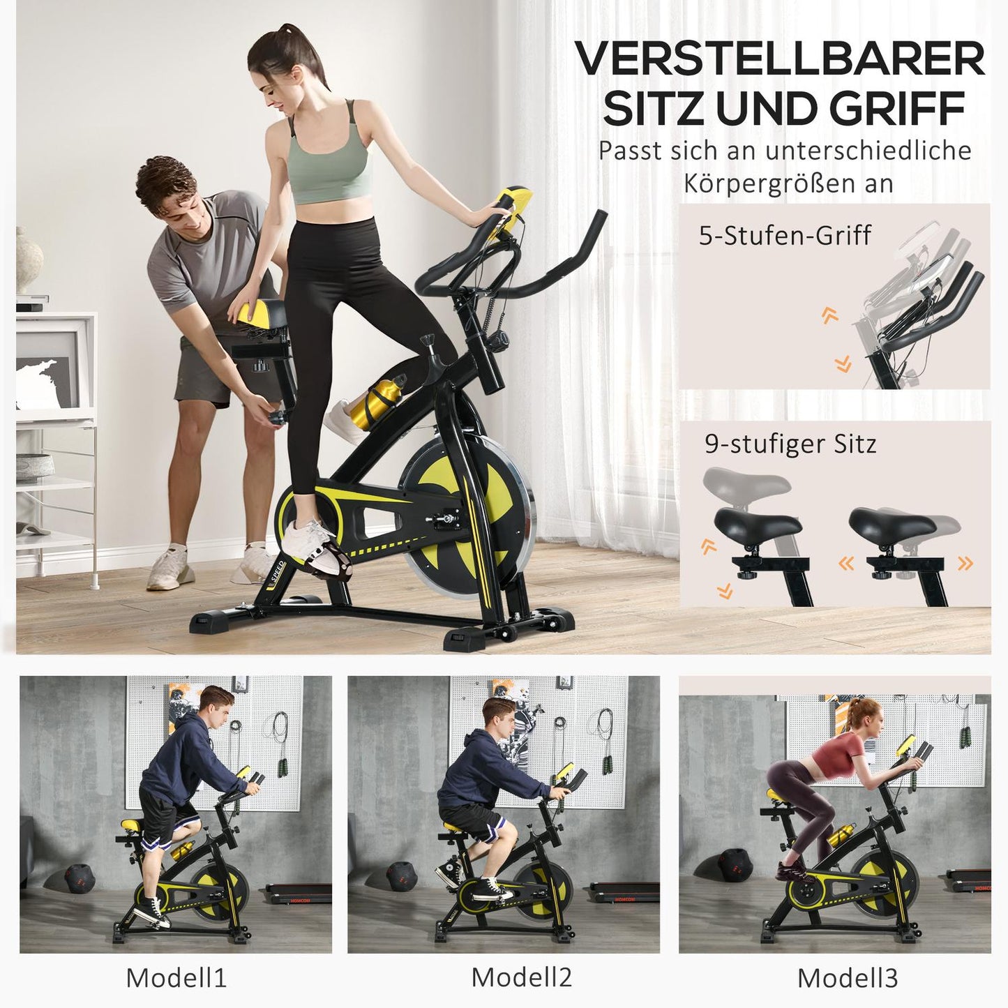 Exercise bike, quiet, adjustable resistance, heart rate sensor, monitor, yellow