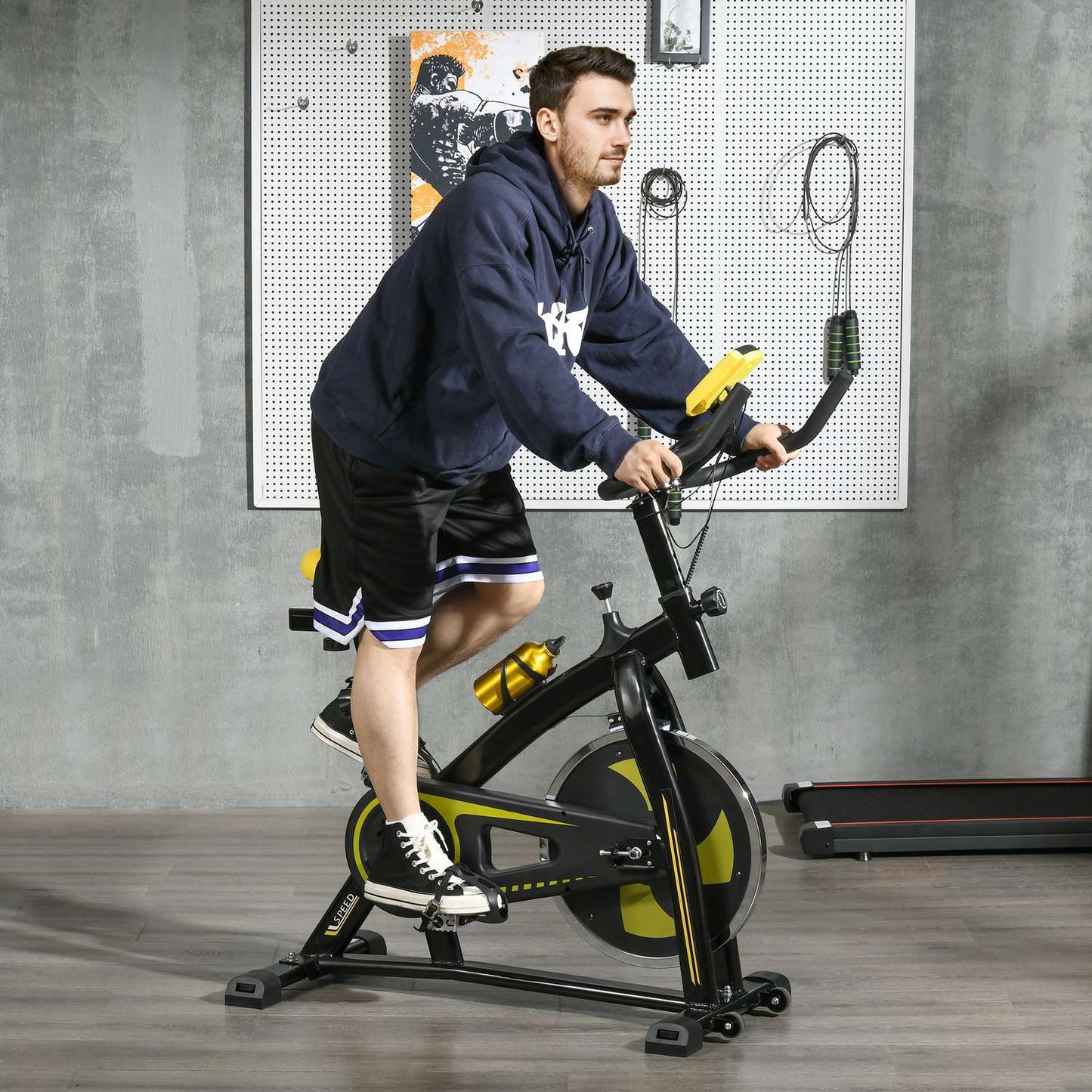 Exercise bike, quiet, adjustable resistance, heart rate sensor, monitor, yellow