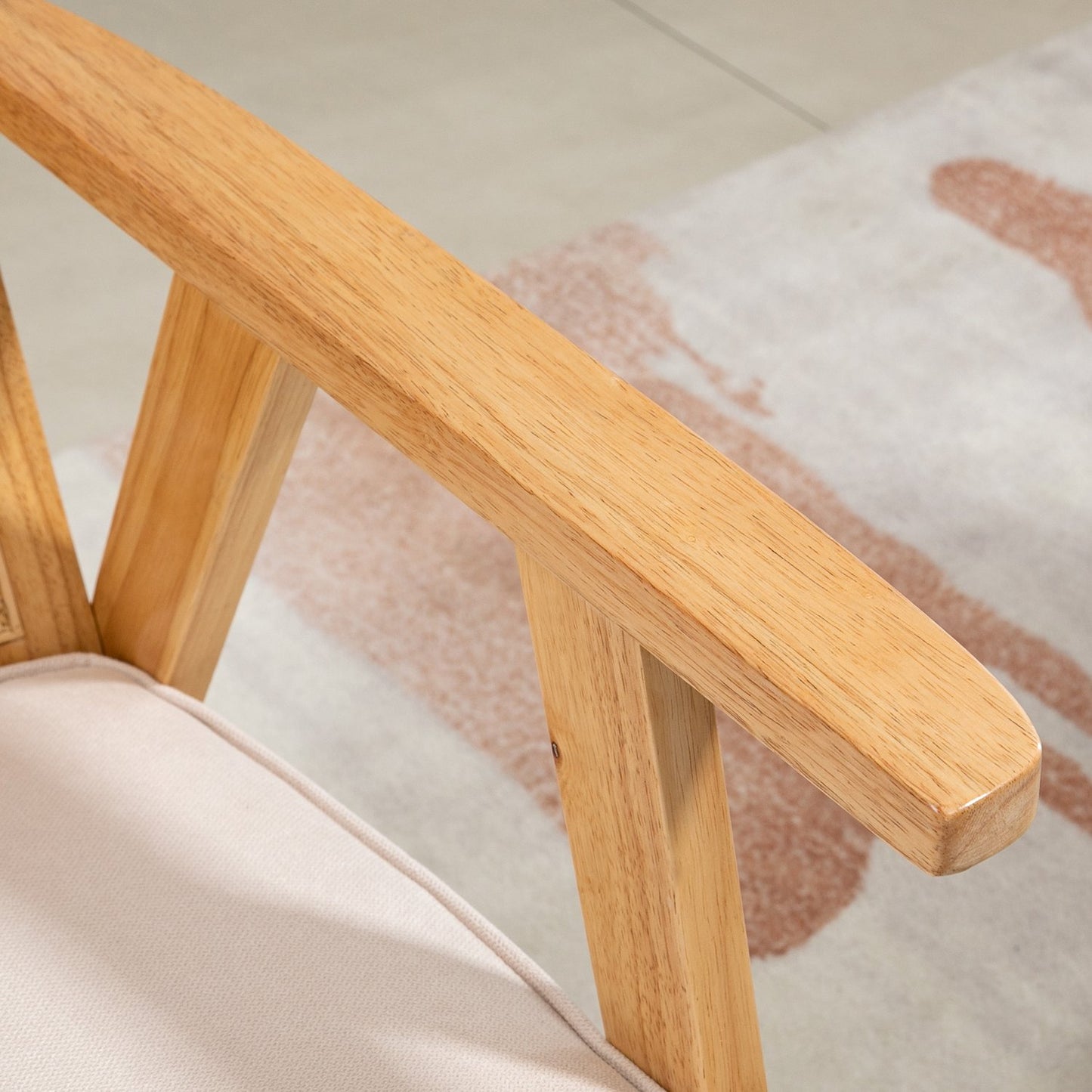 Exotic upholstered chair, rubberwood, linen-look seat cushion, 63L x 69W x 78H cm, cream white