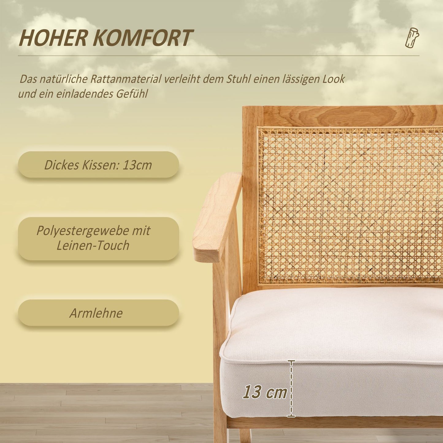 Exotic upholstered chair, rubberwood, linen-look seat cushion, 63L x 69W x 78H cm, cream white