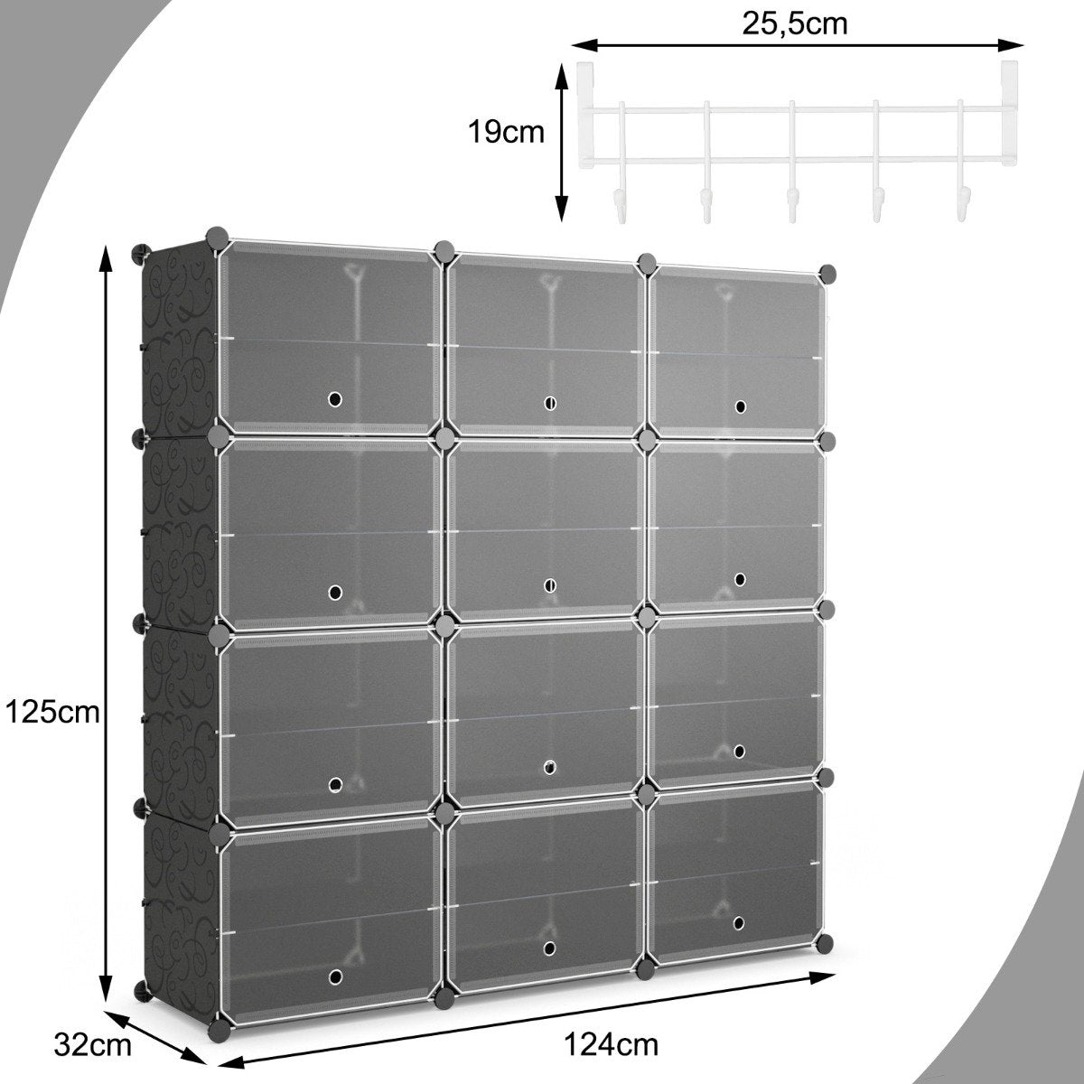 Expandable 12-Cube Shoe Rack with Side Hooks