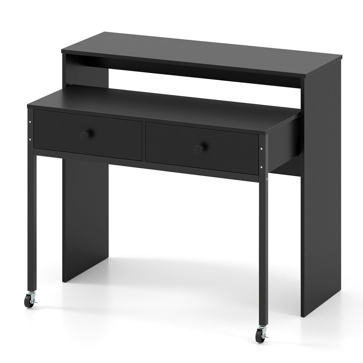 Extendable Computer Desk with 2 Drawers & Wheels, Black