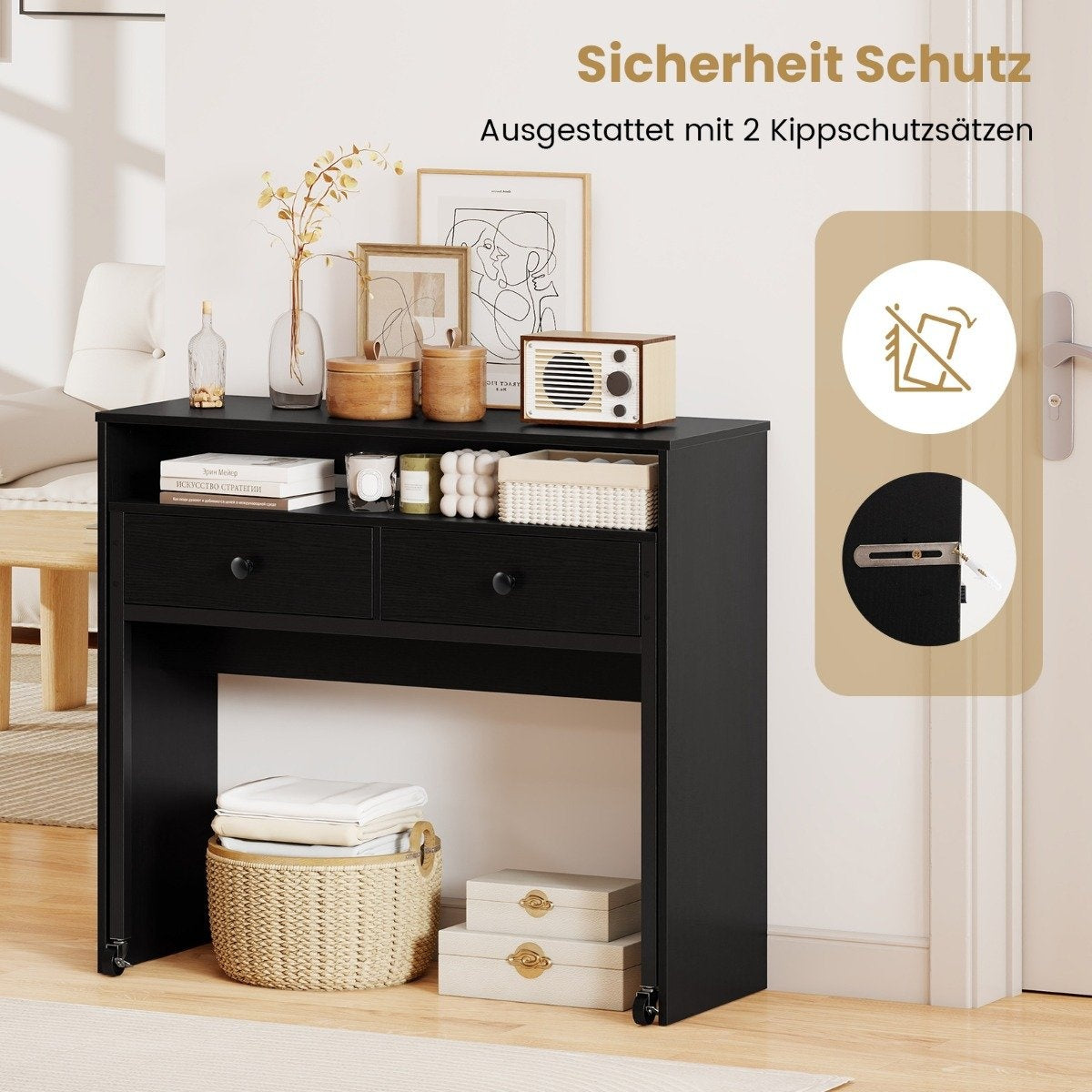 Extendable Computer Desk with 2 Drawers & Wheels, Black
