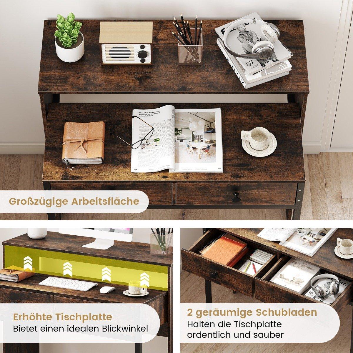 Extendable Desk with 2 Drawers & Wheels, 100x63x88 cm, Brown