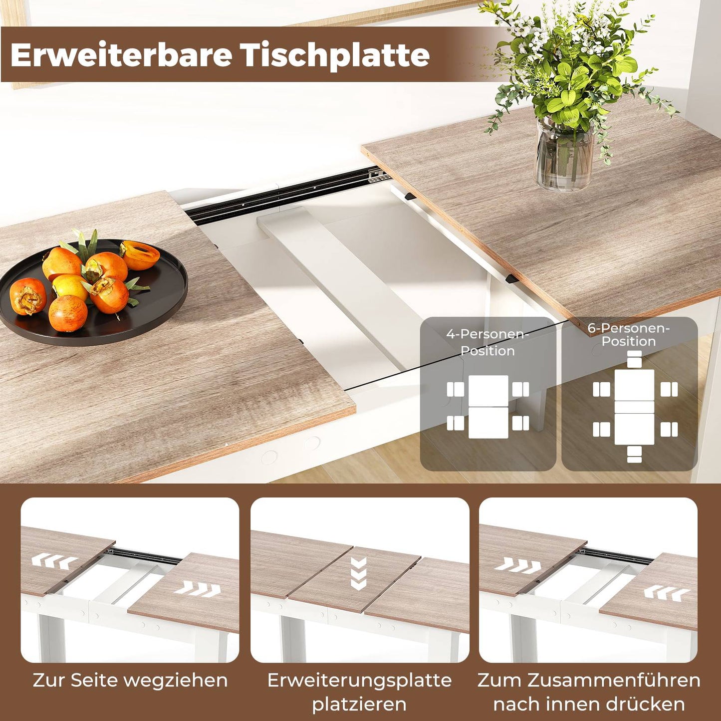Extendable Dining Table, Adjustable Top, L-Shaped Legs, White