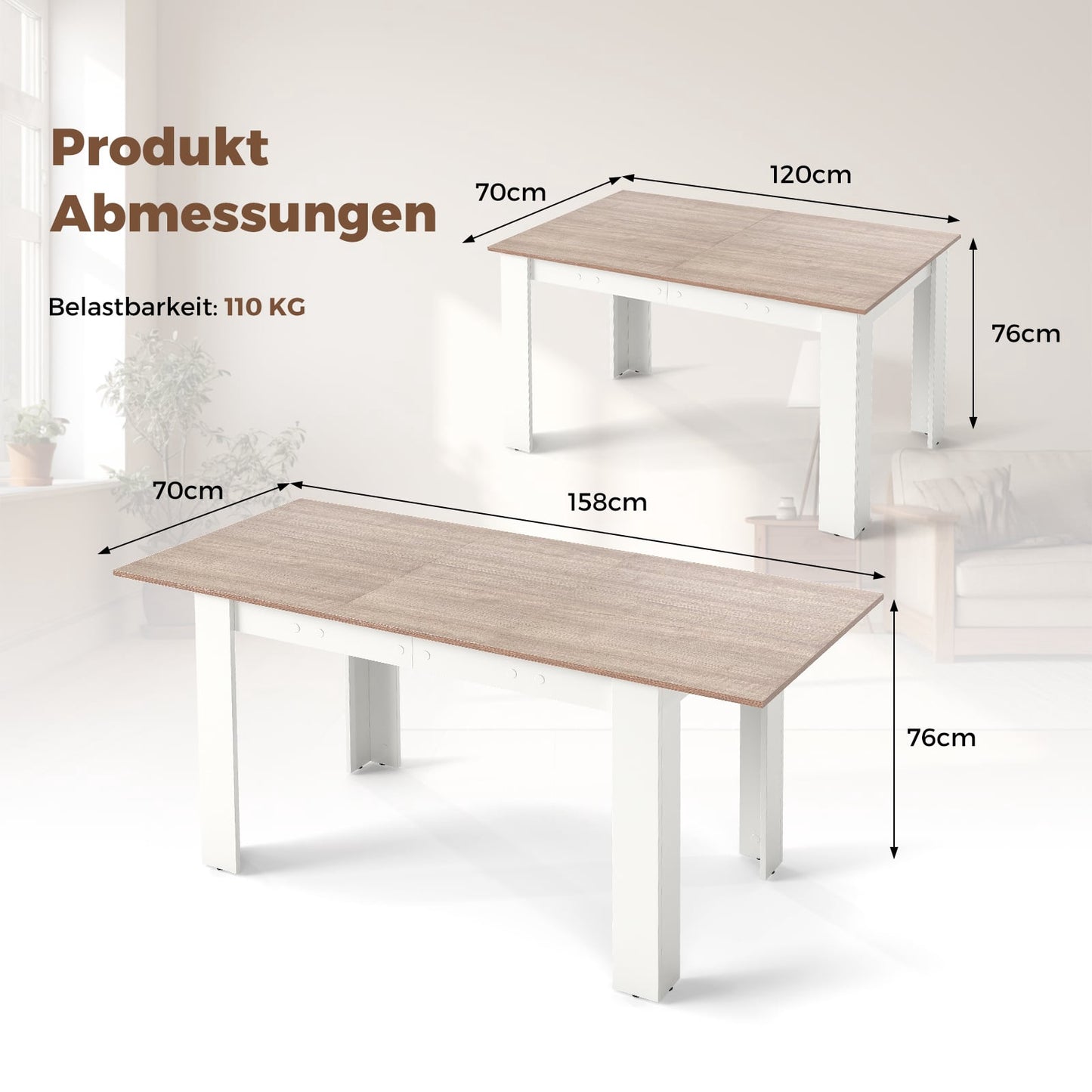 Extendable Dining Table, Adjustable Top, L-Shaped Legs, White