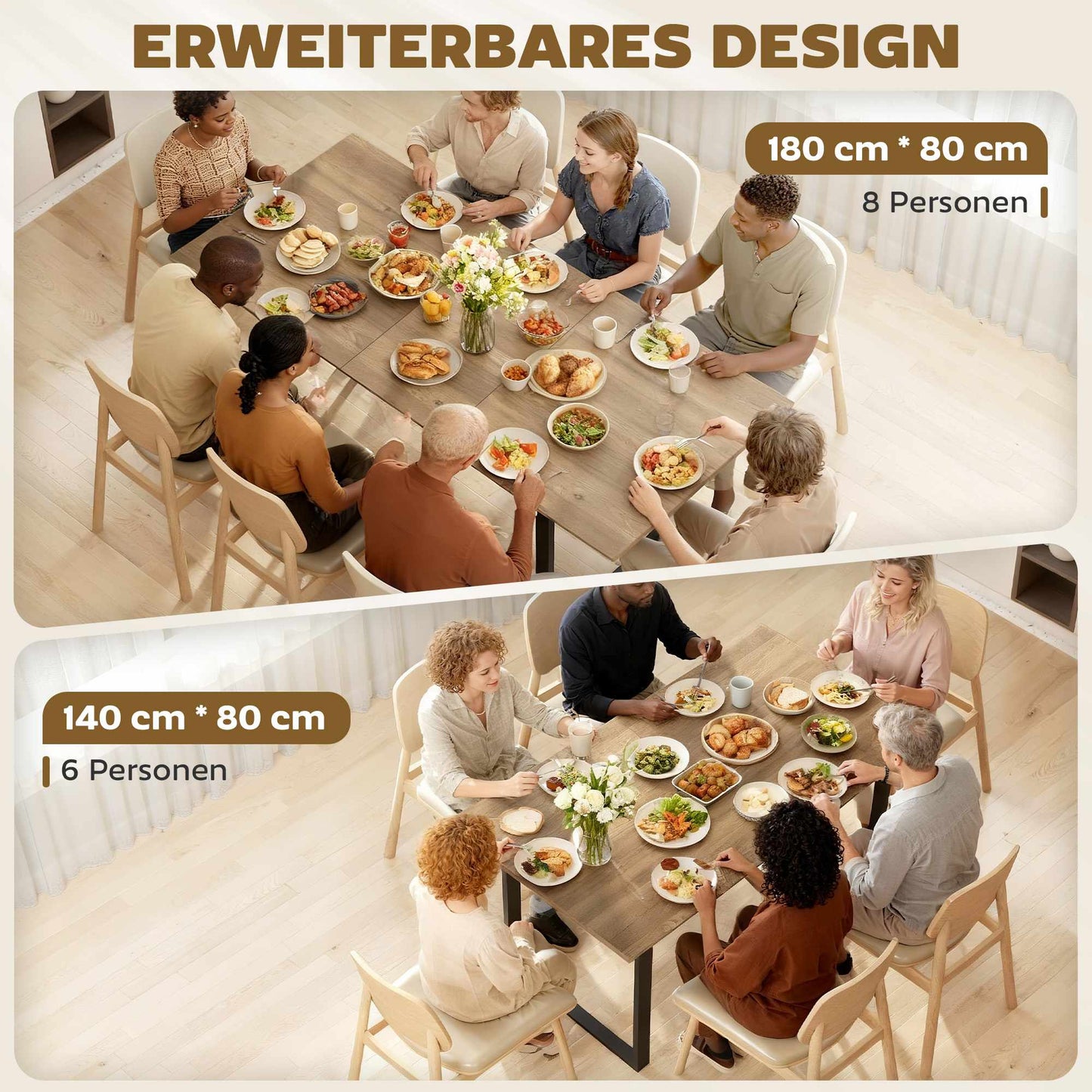 Extendable Dining Table for 6-8, 140-180 cm, Wood & Steel