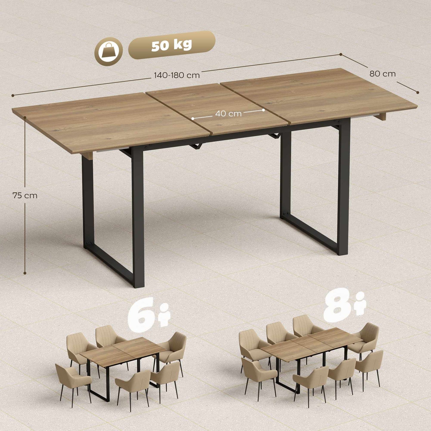 Extendable Dining Table for 6-8, 140-180 cm, Wood & Steel