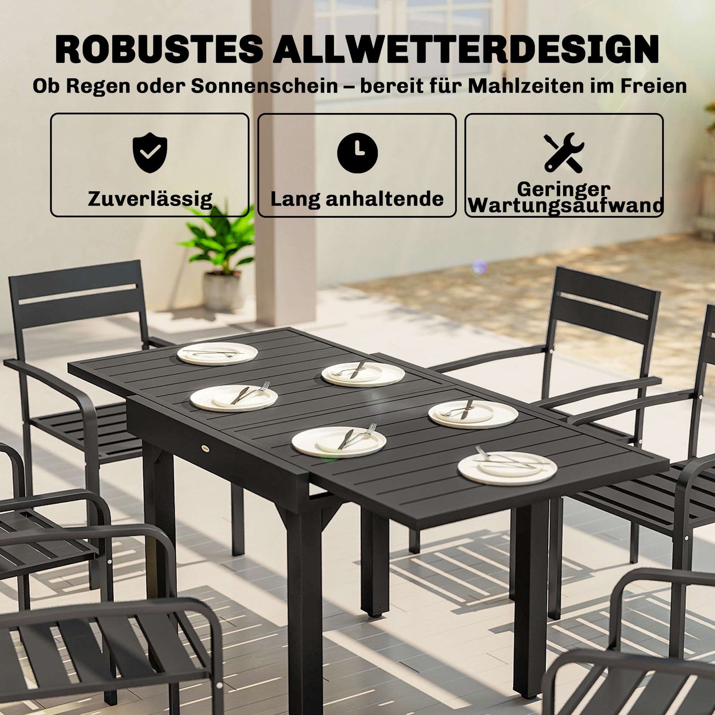 Extendable Outdoor Dining Table, 80-160 cm, Aluminum Top