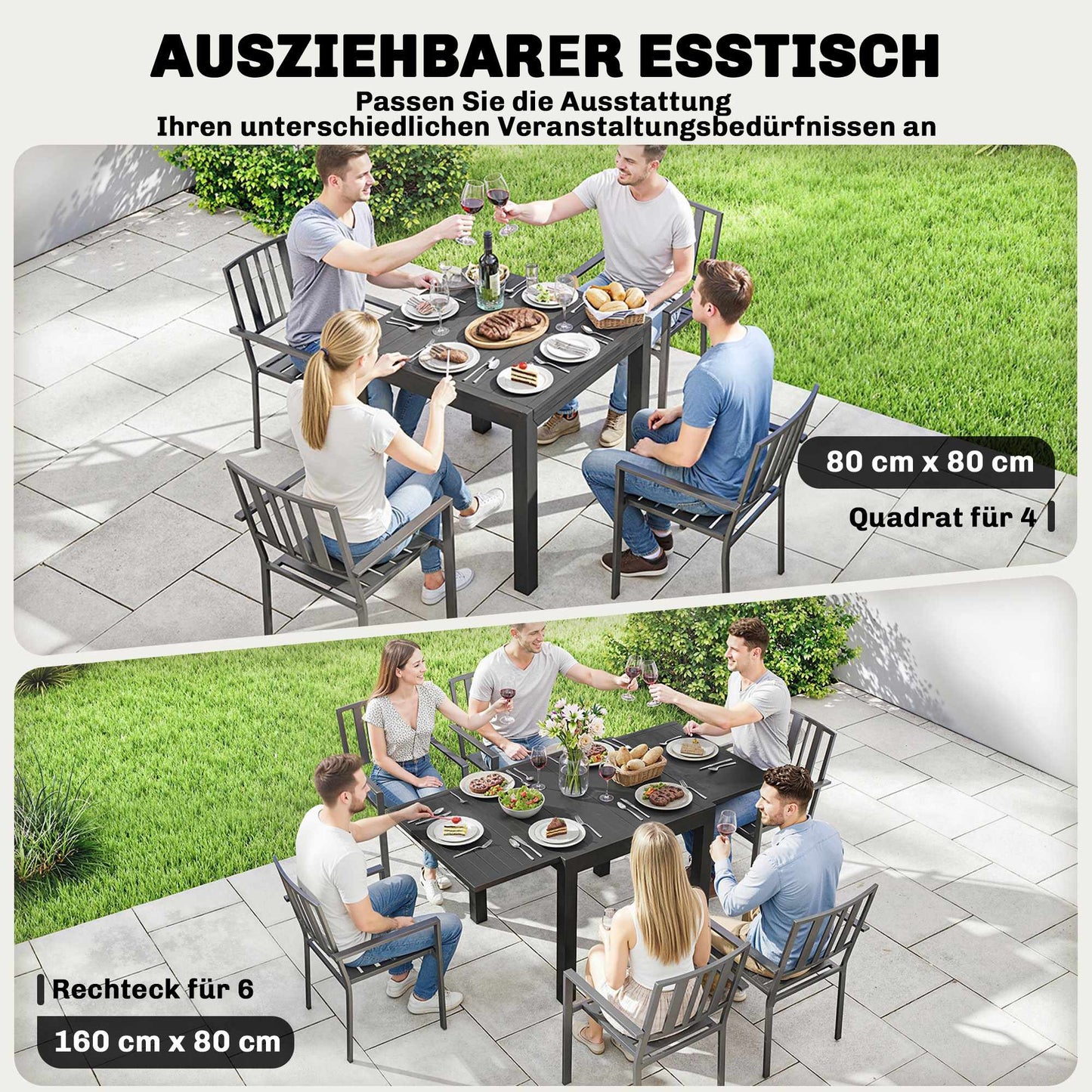 Extendable Patio Table, Aluminum, 80-160 cm, Seats 6