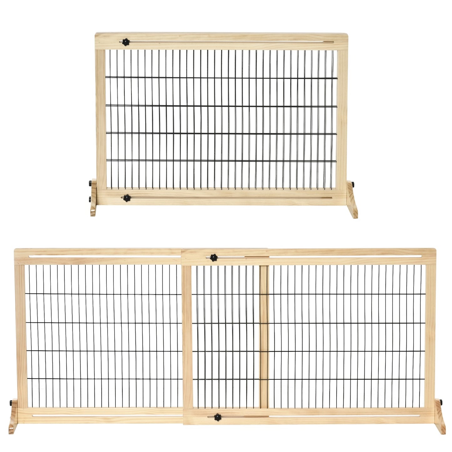 Adjustable wooden dog gate for stairs and doors, natural finish