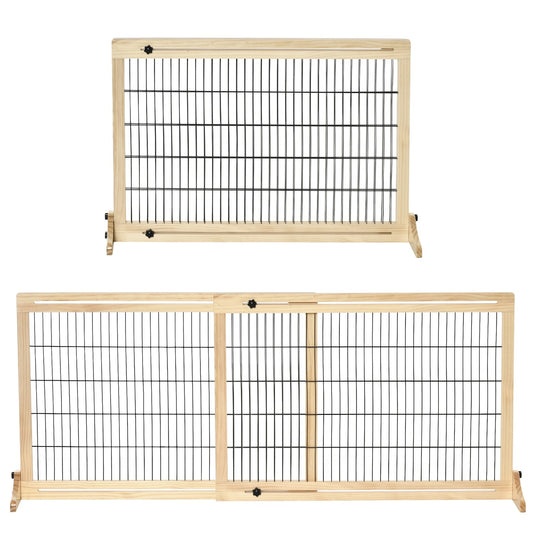 Adjustable wooden dog gate for stairs and doors, natural finish