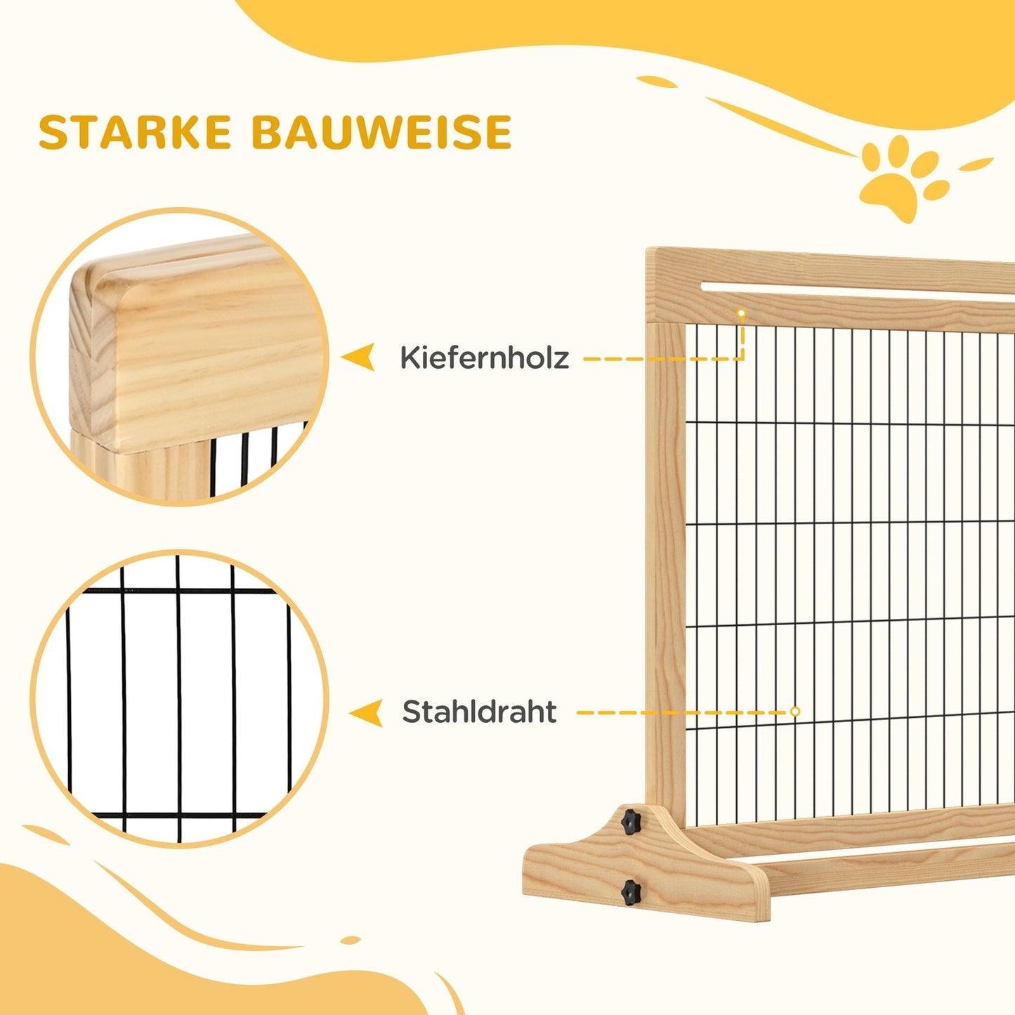 Adjustable wooden dog gate for stairs and doors, natural finish