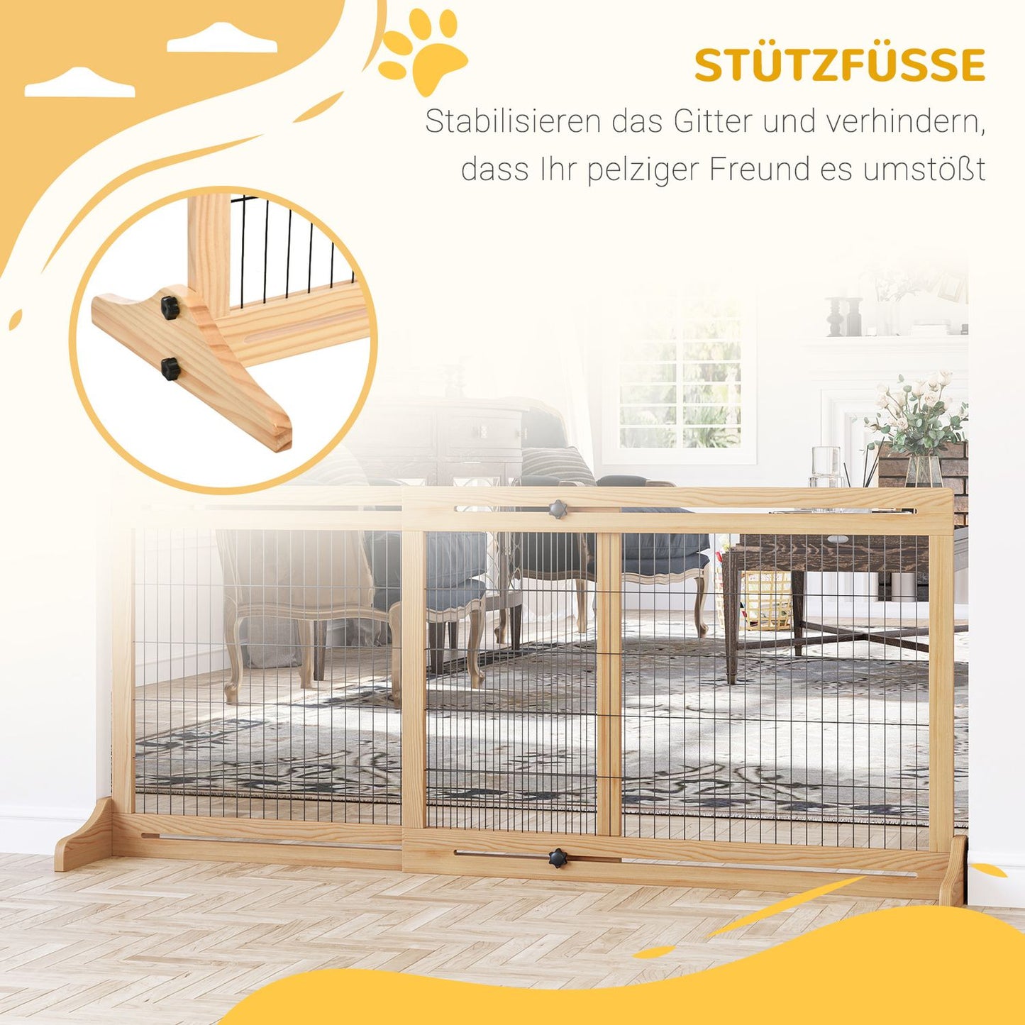 Adjustable wooden dog gate for stairs and doors, natural finish