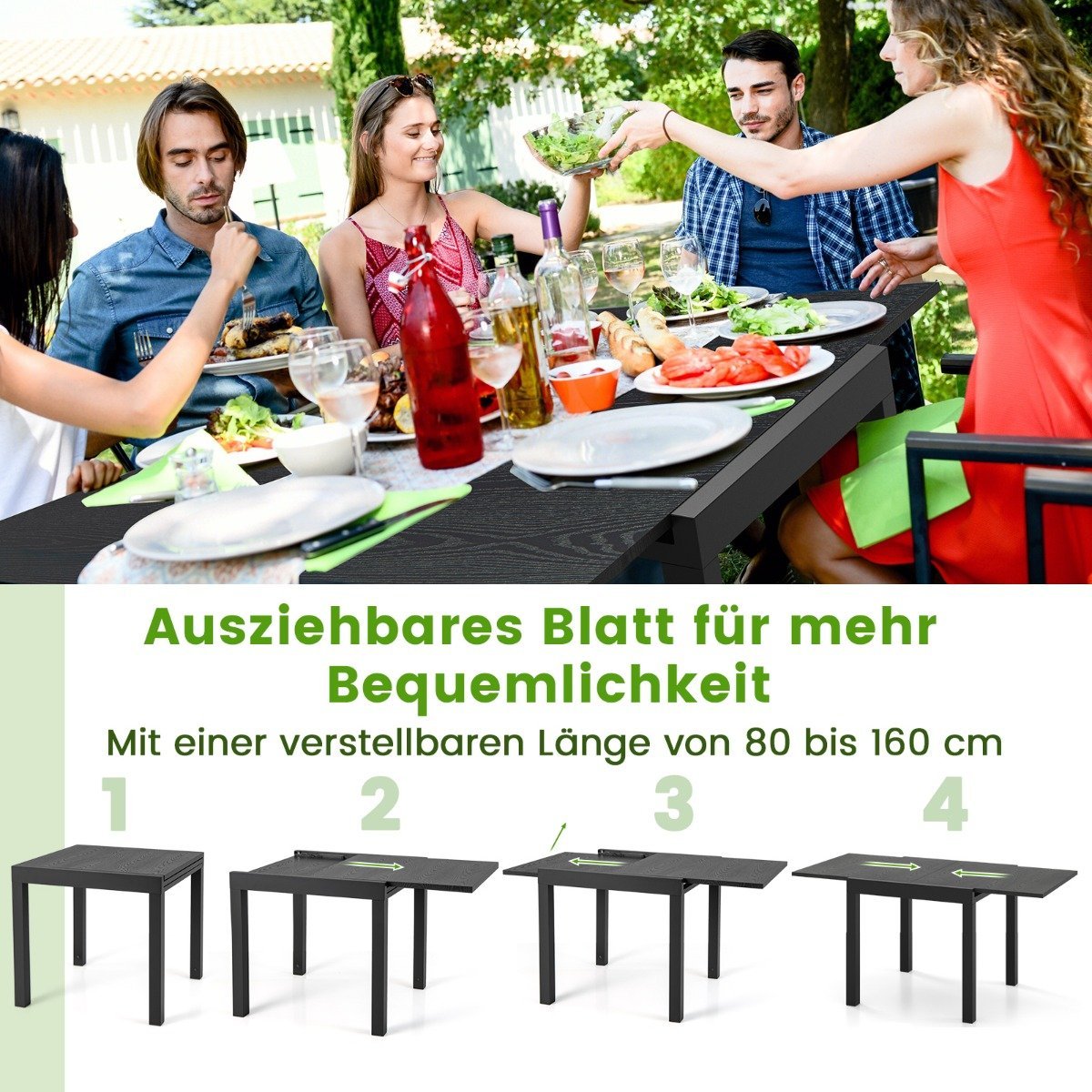 Extendable aluminum garden table Weatherproof dining table Rectangular patio table Gray