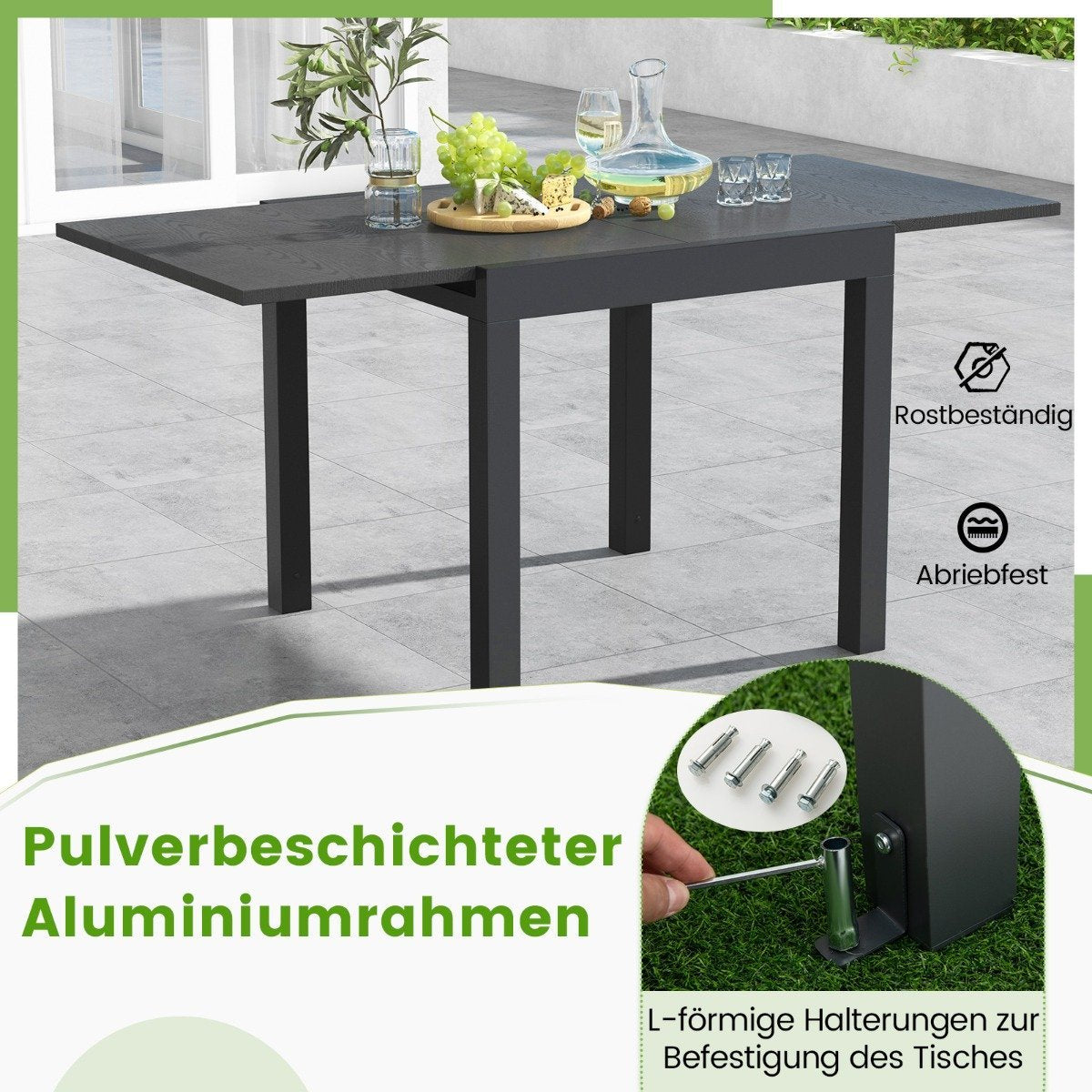 Extendable aluminum garden table Weatherproof dining table Rectangular patio table Gray