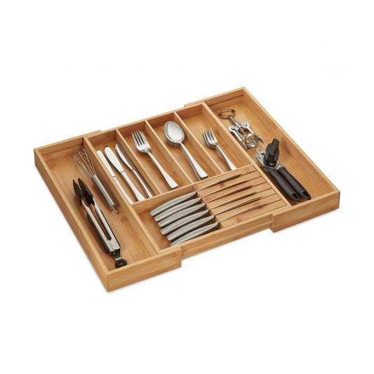 Extendable bamboo cutlery tray