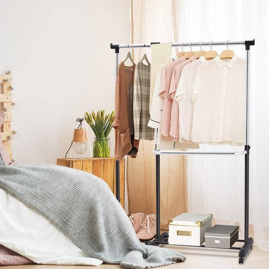 Extendable clothes rack, height-adjustable clothes rack, clothes rail with 2 shelves, black