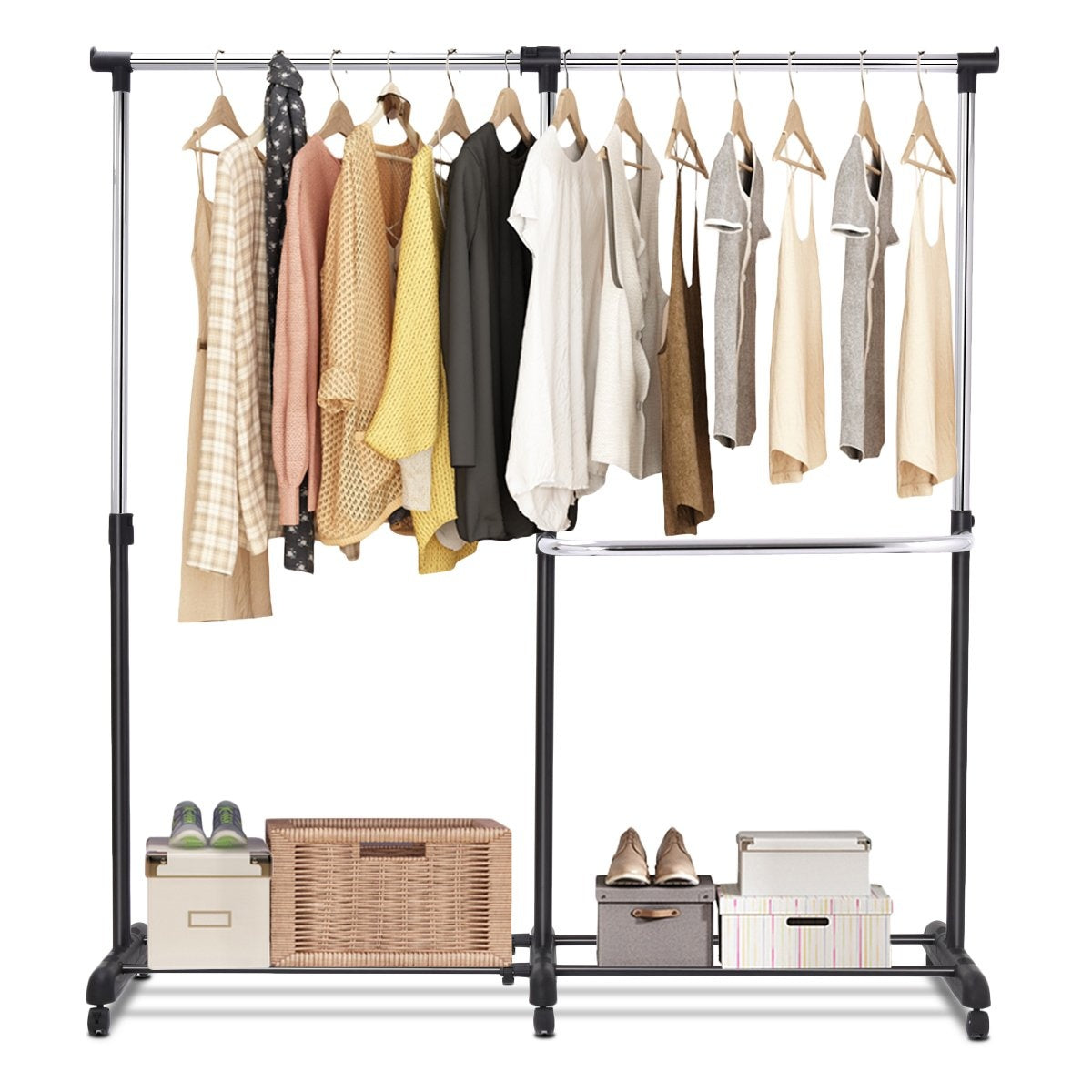Extendable clothes rack, height-adjustable clothes rack, clothes rail with 2 shelves, black