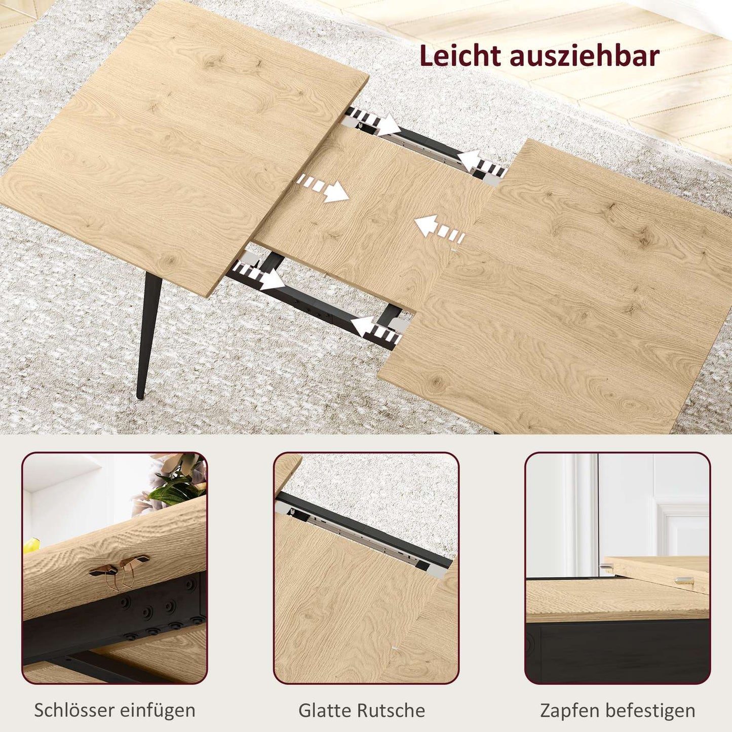 Extendable dining table, seats 6-8, steel legs, natural finish