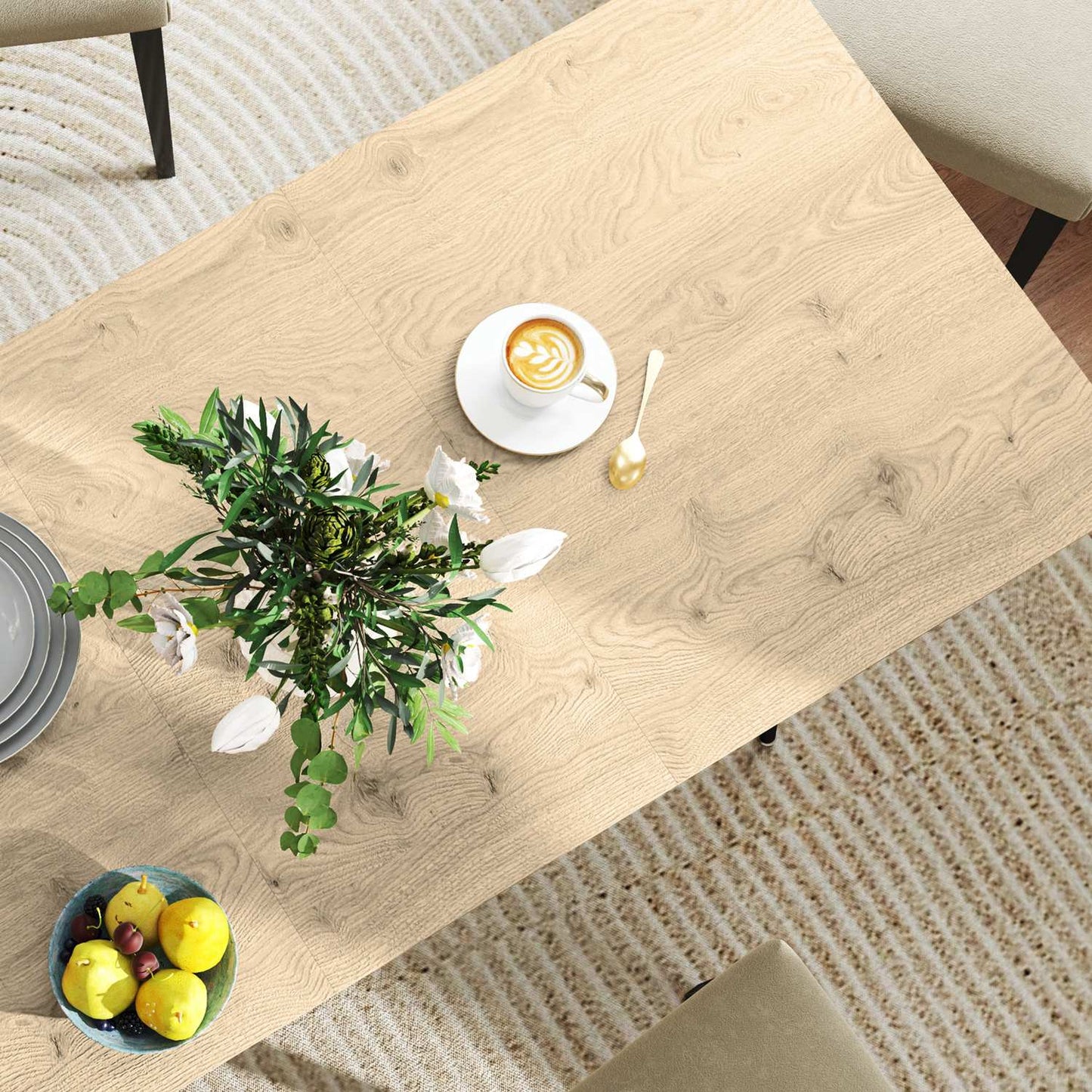 Extendable dining table, seats 6-8, steel legs, natural finish
