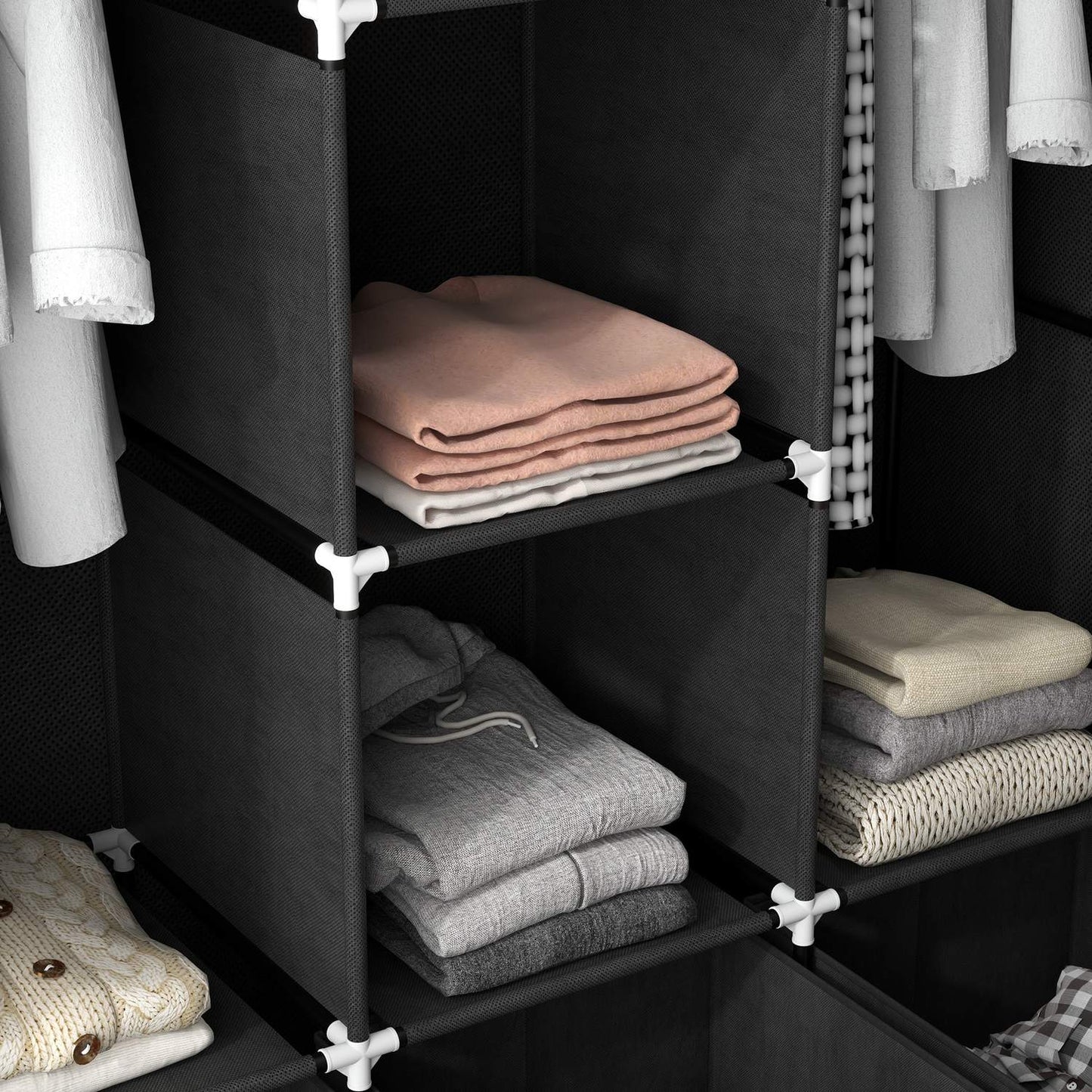 Black fabric wardrobe with rails and drawers