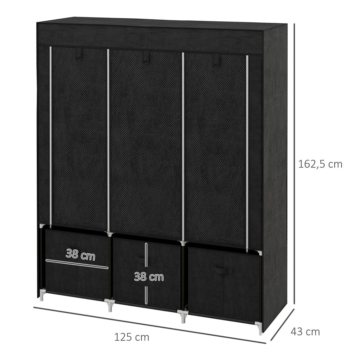 Black fabric wardrobe with rails and drawers