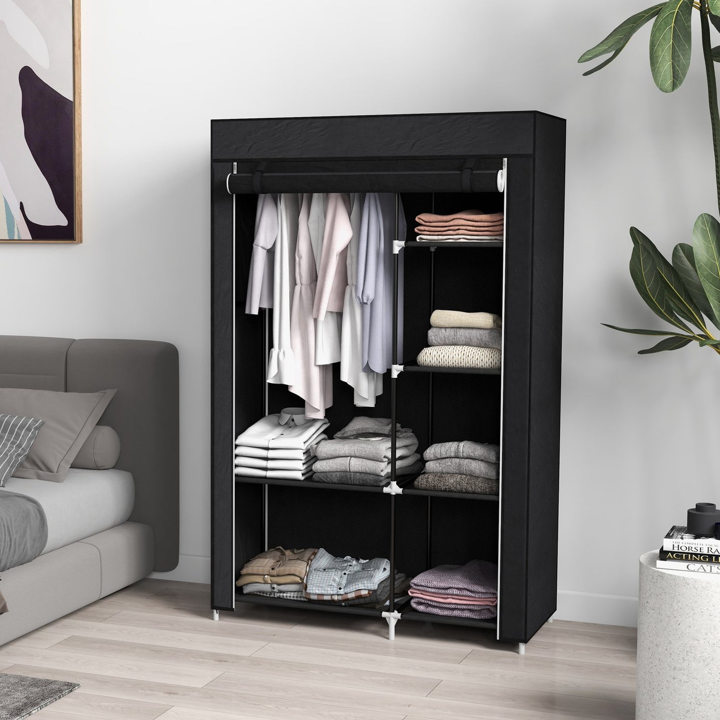 Fabric folding wardrobe, 6 compartments, black, 103x43x162.5 cm