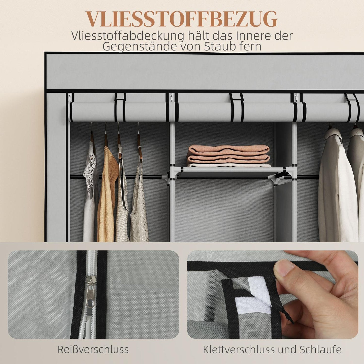 Fabric Wardrobe, 8 Shelves, 2 Hanging Rods, Gray