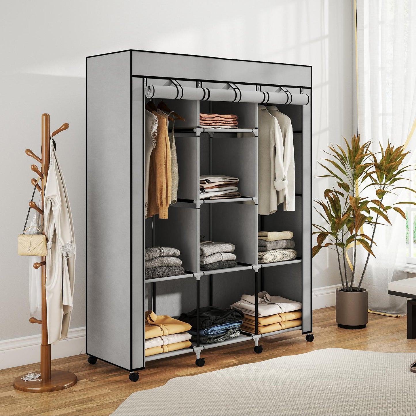 Fabric Wardrobe, 8 Shelves, 2 Hanging Rods, Gray