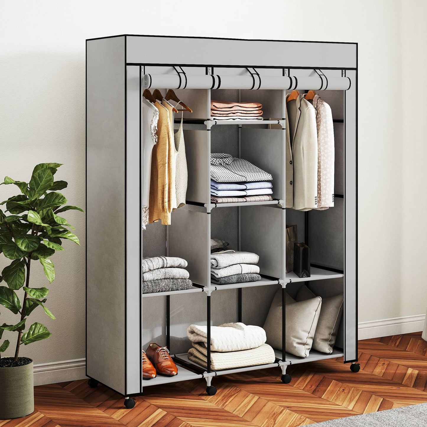 Fabric Wardrobe, 8 Shelves, 2 Hanging Rods, Gray