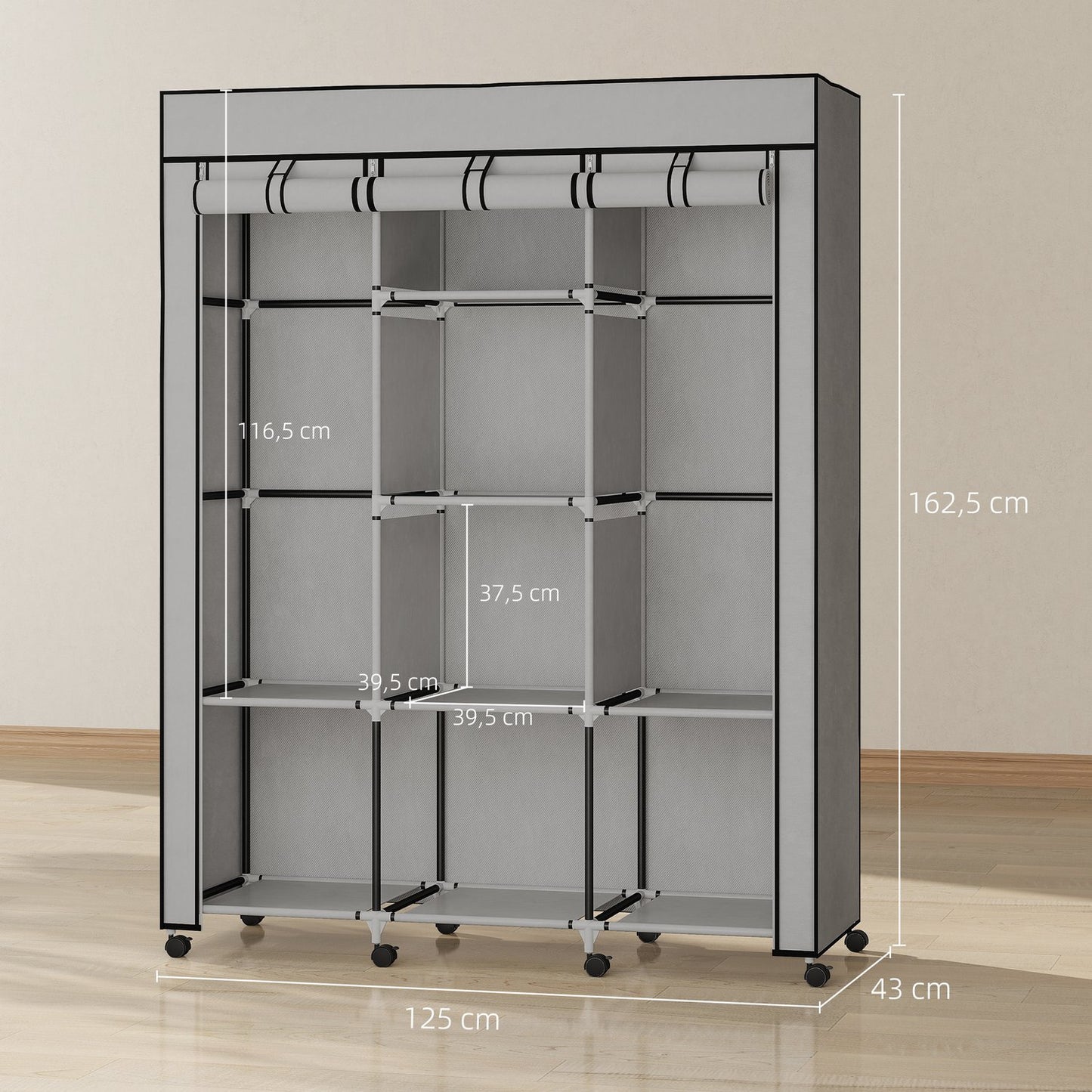 Fabric Wardrobe, 8 Shelves, 2 Hanging Rods, Gray
