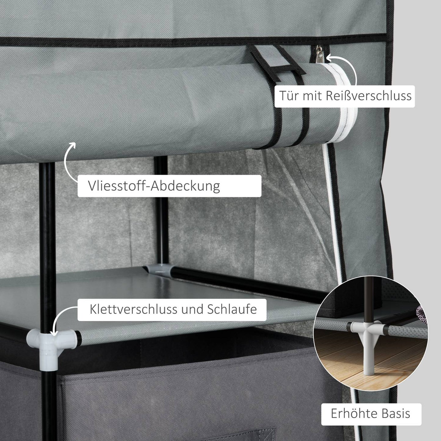 Fabric wardrobe - folding wardrobe with drawers & rail, dark grey