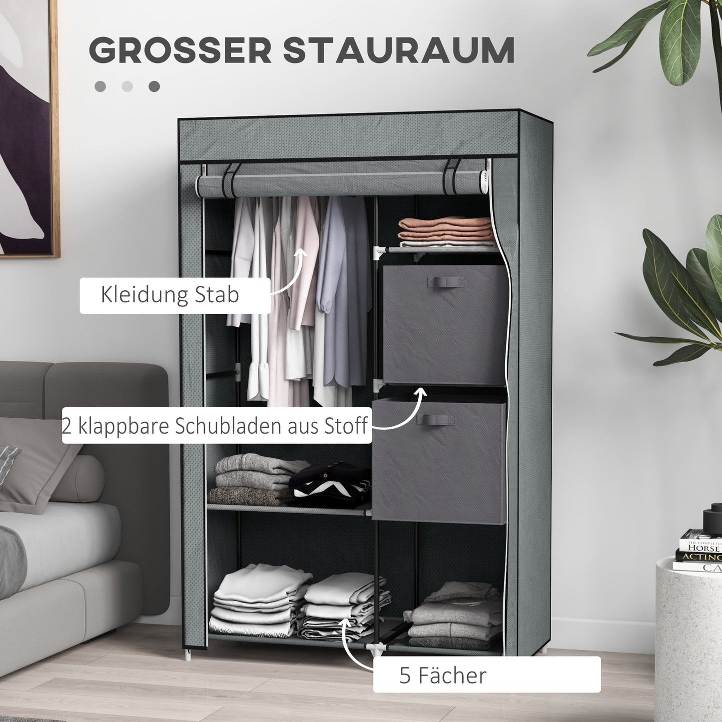 Fabric wardrobe - folding wardrobe with drawers & rail, dark grey