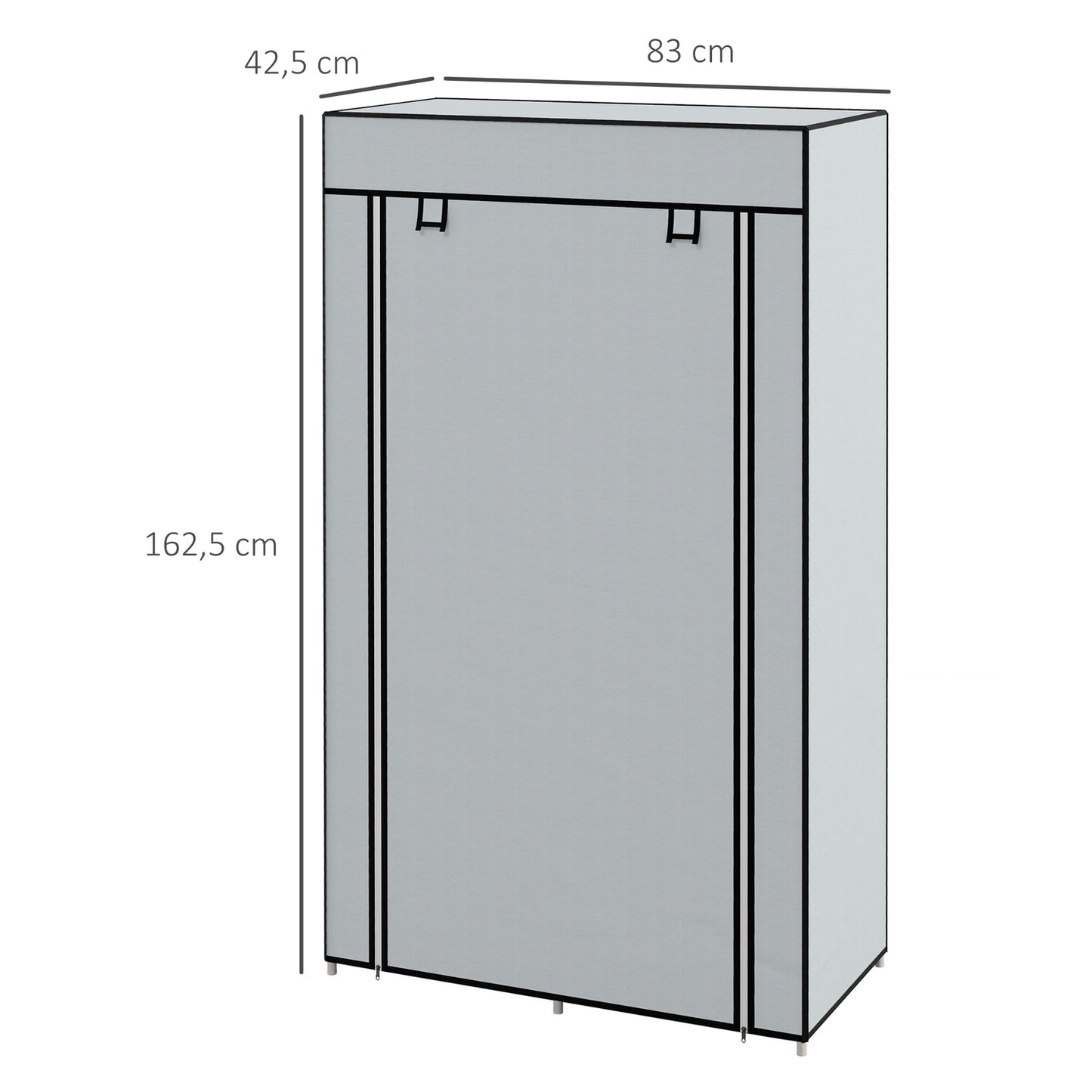Space-saving fabric wardrobe, 5 compartments & rail, light grey