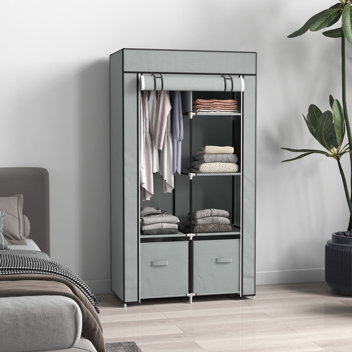 Space-saving fabric wardrobe, 5 compartments & rail, light grey