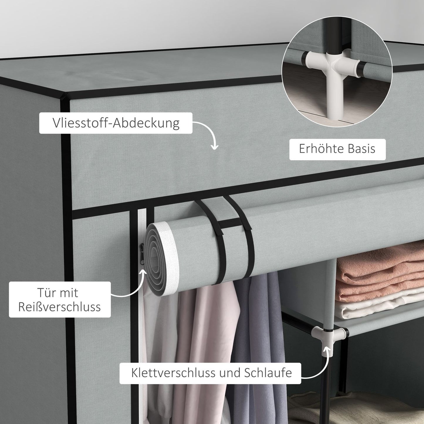 Space-saving fabric wardrobe, 5 compartments & rail, light grey