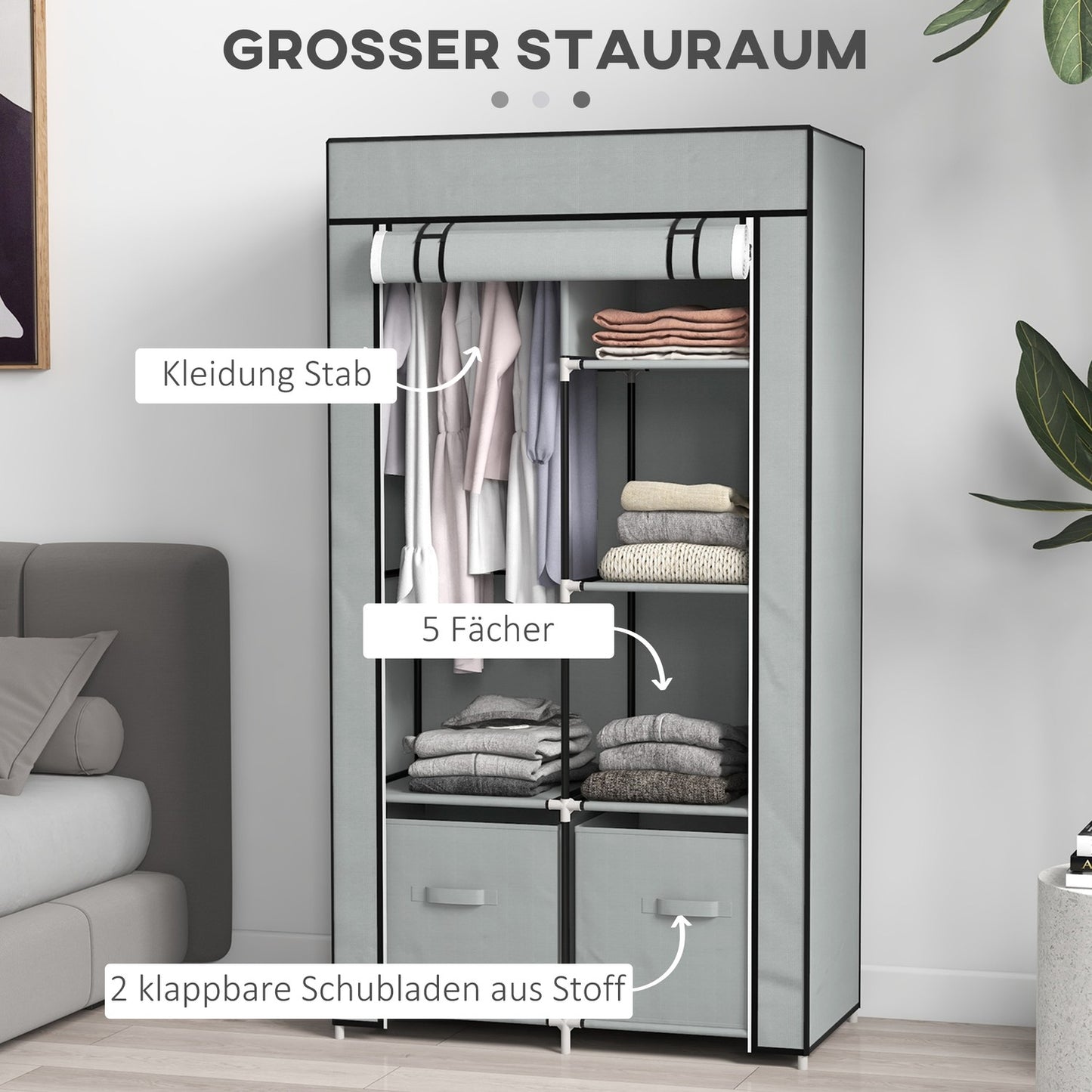 Space-saving fabric wardrobe, 5 compartments & rail, light grey