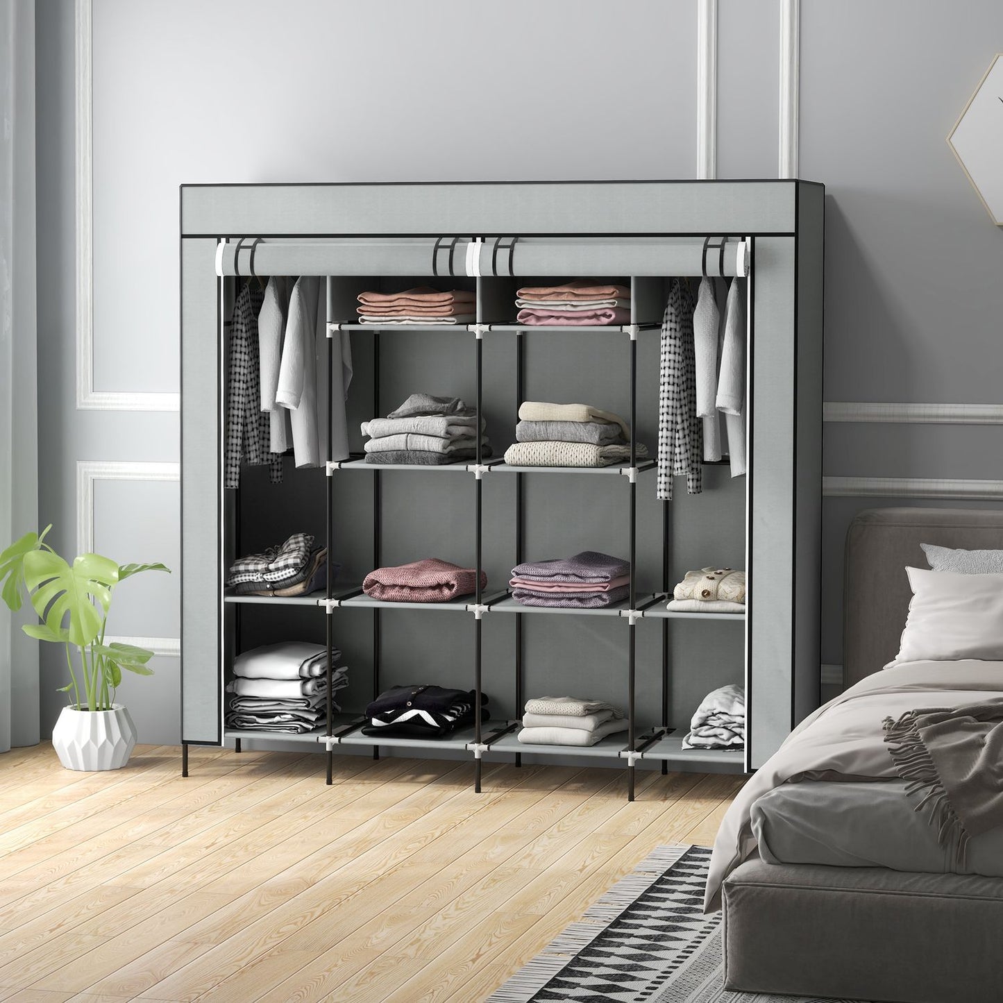 Dark gray fabric wardrobe with rail, 10 shelves, 4 drawers